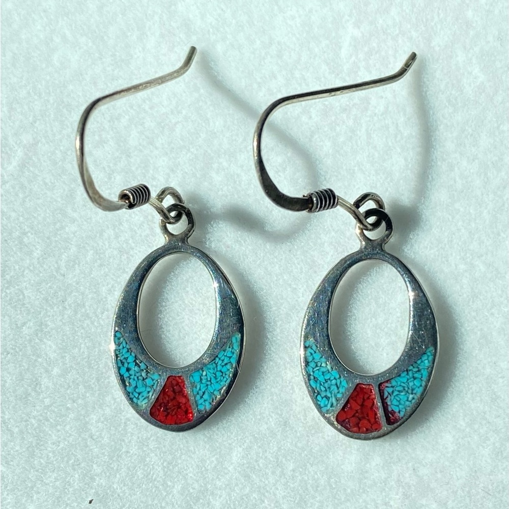 Vintage Turquoise and Coral Sterling Silver Earrings